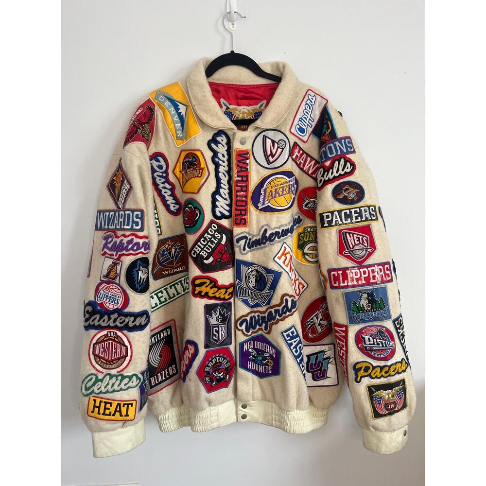 Jeff Hamilton Jacket Men XL Cream NBA All Teams Patch‎ Wool Bomber